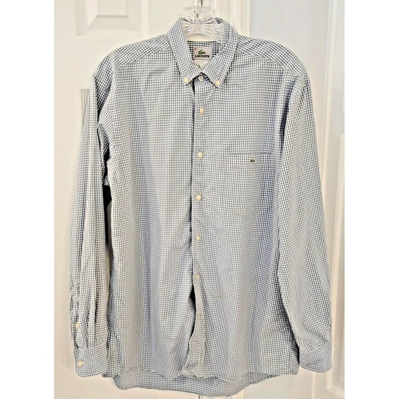 80s/90s VTG Lacoste Shirt Mens Large Blue White Gingham Button Down Long Sleeve - Picture 1 of 11